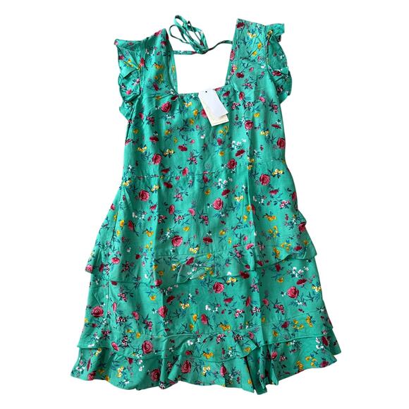 B.O.G Collective Boho Vacation Girly Tiered Tie Back Green Mini Dress Large - Picture 1 of 3